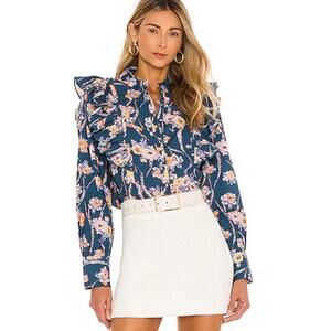 LoveShackFancy Beatrix Blouse Shirt Top Sz S Small Blue Floral Ruffle